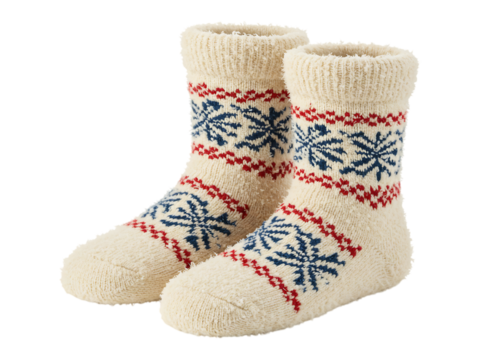 Pair of fuzzy winter socks with snowflake pattern on display transparent background