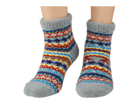 Pair of feet wearing colorful patterned socks on display transparent background