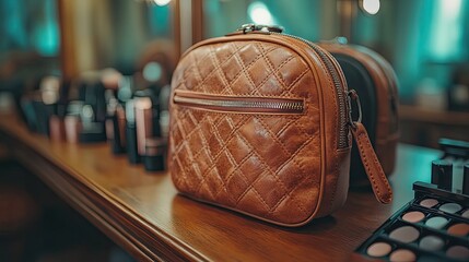 Leather cosmetic bag with vanity table.