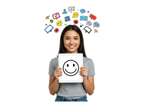 Smiling model holding tablet with icons above her head transparent background