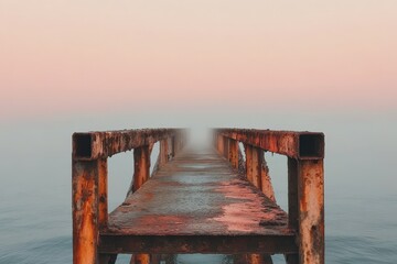 Rustic wooden pier extending into a hazy, misty shoreline.