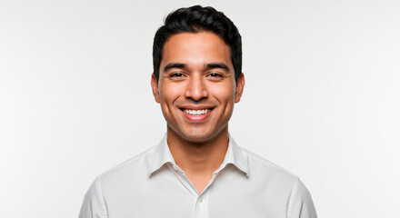 Smiling Young Man: A positive portrait of a man in a crisp white shirt against a plain background, showcasing a friendly demeanor.