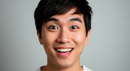 Excited Man Smiling: Close-up of a young man with dark hair displaying a wide, joyful smile against a plain backdrop.