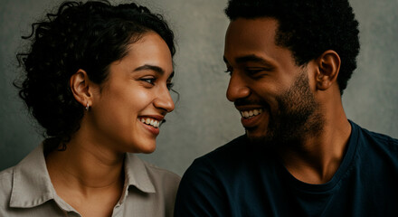 A happy couple looking at each other with love and tenderness, smiling in a moment of genuine connection.
