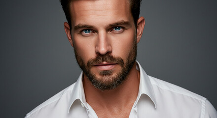 Fototapeta premium Close-up portrait of a handsome man with a beard, wearing a white shirt, showcasing his striking blue eyes against a neutral background.