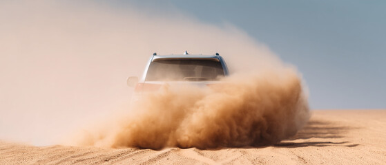 Car sand dust off road adventure desert vehicle speed travel outdoors�A car speeds through desert kicking up dramatic trail of sand and dust capturing thrill and energy of off road adventure
