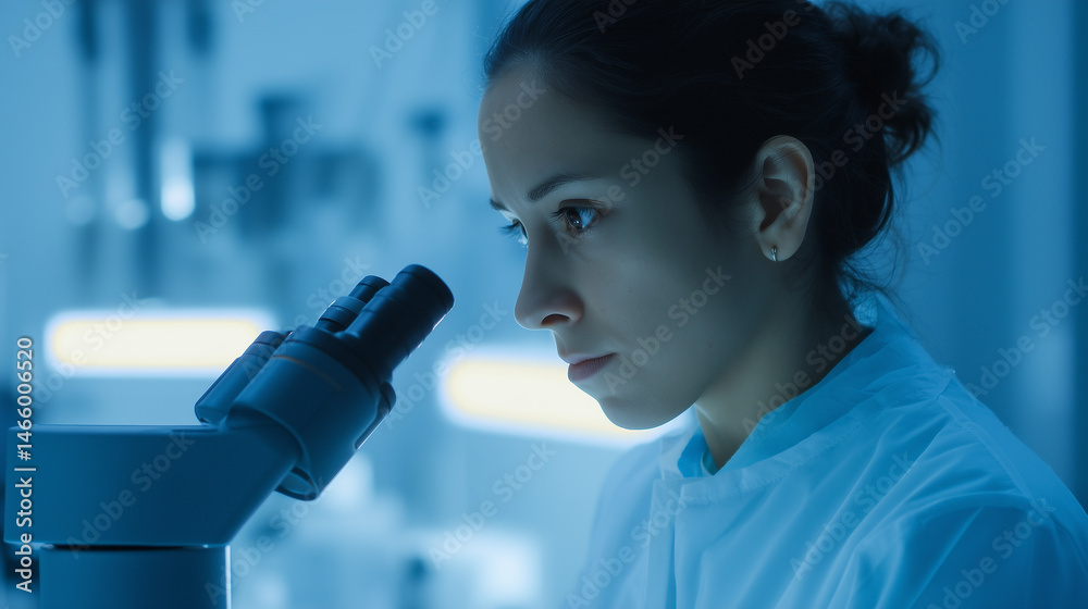 Poster female scientist in laboratory coat closely examining sample through microscope, focused and determi