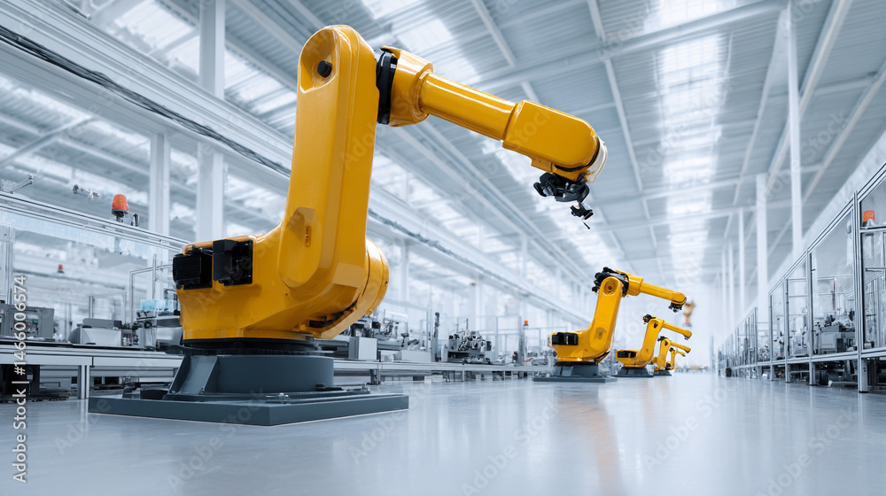 Poster industrial robot arm automation factory technology manufacturing yellow modern machinery production 