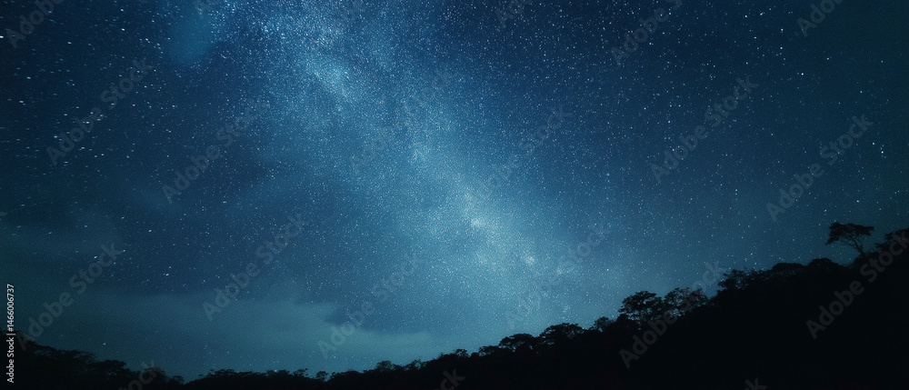 Poster starry night sky with milky way visible above dark forest silhouette, creating tranquil and awe insp