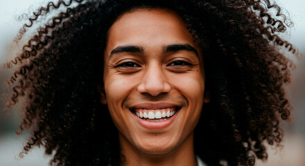 Portrait of a cheerful young man with a bright smile and curly dark hair, radiating joy and confidence.