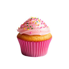 Pink cupcake with frosting and sprinkles