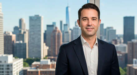 Professional man in a suit poses in front of a city skyline, exuding confidence and success, captured in a well-lit portrait.
