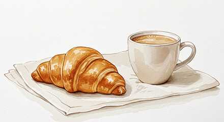 A delectable watercolor painting of a golden-brown croissant and a cup of coffee artfully arranged on a napkin presents a perfect breakfast scene ideal for cafes menus food blogs and culinary websites