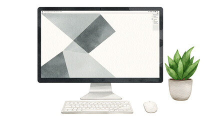 Stylish Modern Desktop Setup Featuring a Geometric Grey Wallpaper on a Computer Screen with a...