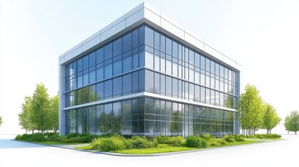 Fototapeta premium Modern corporate building surrounded by green foliage symbolizes