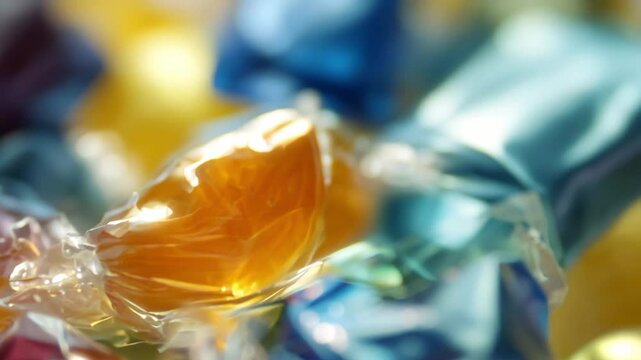 Close Up of Colorful Packaged Sweets Reflecting Light with Fluttering Wrapper in High Definition 4K Detail