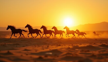 A group of wild horses runs across a sandy desert with the sun setting behind mountains in the background.
