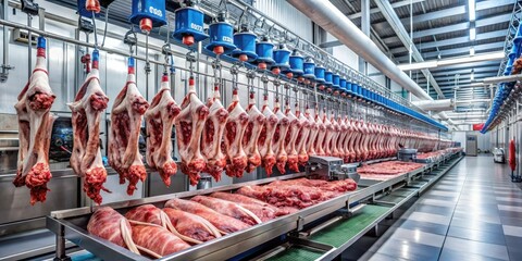 Large industrial meat processing machine slicing through rows of beef carcasses in a fast-paced production environment , meat processing, beef