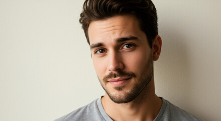 Portrait of a young man with dark hair and eyes, wearing a gray shirt, posing against a neutral wall in a studio setting.