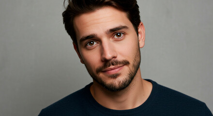 Obraz premium Portrait of a man with brown hair and a beard, wearing a navy sweater against a gray background, looking directly at the camera.