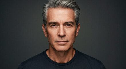 Naklejka premium Confident man with gray hair looks directly at the camera, conveying wisdom and maturity. He's an inspiration, embodying strength.