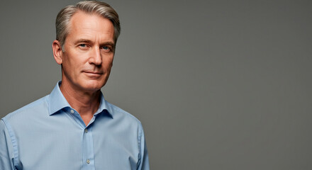 Studio portrait of a mature man with silver hair, wearing a blue shirt, looking at the camera with a neutral expression against a gray background