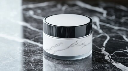 A white and black marble jar with a white lid and a white label on a black marble surface.