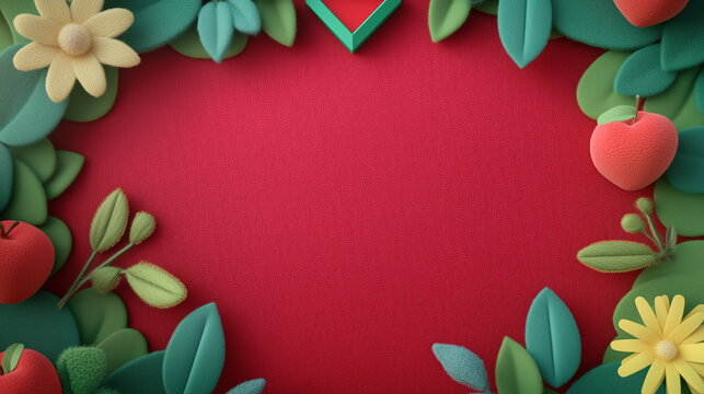 a ruby red background featuring a corduroy texture, a diamond-shaped frame made of felted wool, and fabric apples. 