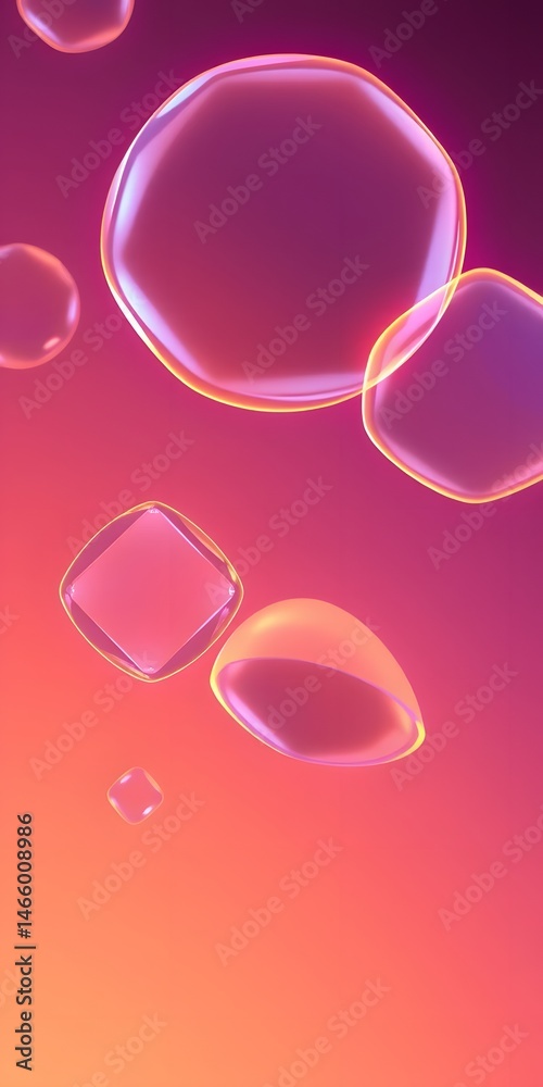 Poster Floating Transparent Shapes Abstract Design With Glowing Edges, Pastel Gradients And Modern Glassmorphism Style, Geometric Elements Background. Visual Display, Futuristic Presentation. Creative