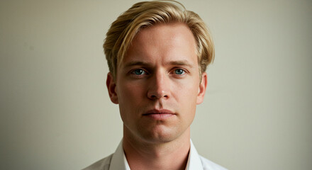 Obraz premium Portrait of a handsome, blond-haired man with blue eyes in a white shirt against a neutral background, showcasing a clean, minimalist look.