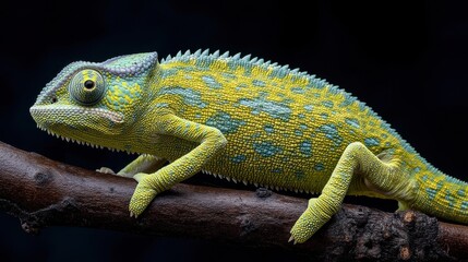 Obraz premium Vibrant and Colorful Chameleon Resting on a Branch Displaying Detailed Texture and Unique Patterns in a Dark Environment