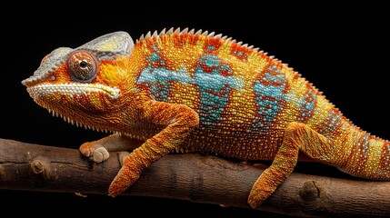 Obraz premium Colorful chameleon resting on a wooden branch with vibrant scales showcasing unique patterns and textures against a dark background
