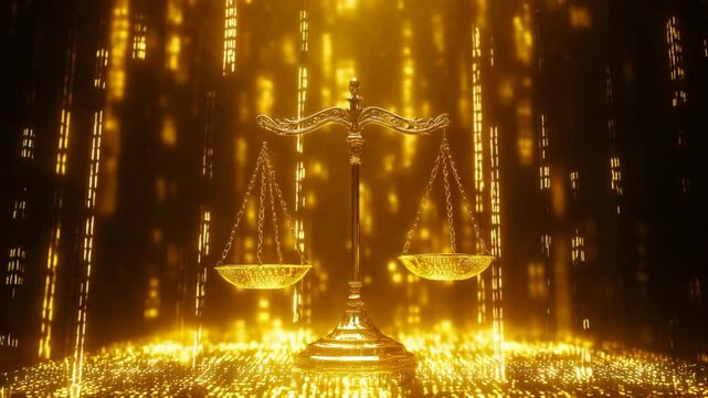 balance scale in cybernetic verse, neon light and data floating around, idea for online world laws