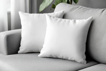 Two plain white throw pillows resting on a light gray couch in a living room setting.  Soft, simple decor