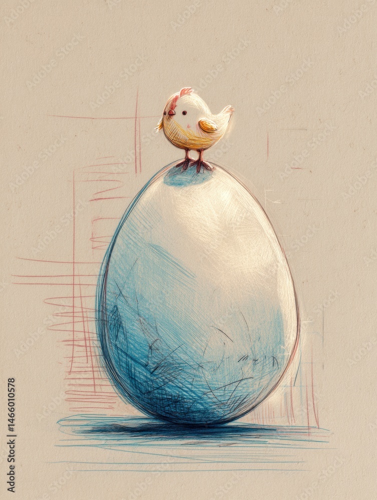 Leinwandbilder whimsical sketch featuring a small chicken perched on top of a large egg against a soft pastel backg