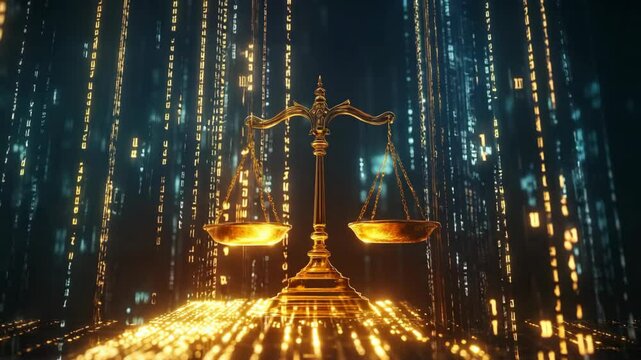balance scale in cybernetic verse, neon light and data floating around, idea for online world laws 