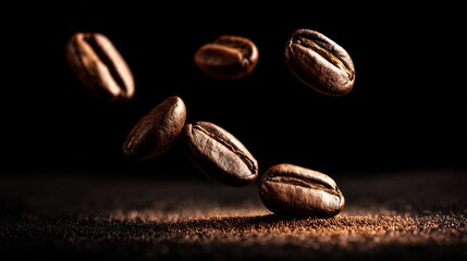 Fototapeta premium Floating Coffee Beans in Dramatic Lighting, Isolated on Dark Background, Captivating Composition for Coffee Enthusiasts and Food Photography