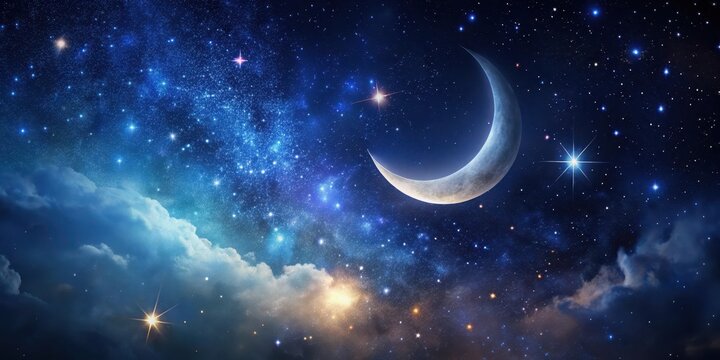 A dark night sky with stars and a crescent moon, starry night, galaxy,  starry night, galaxy,lunar phase, cosmos - Powered by Adobe
