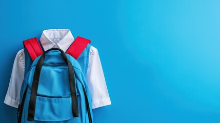 A blue backpack with red straps hanging from a white shirt against a blue background.