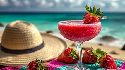 Refreshing strawberry cocktail on beach with hat