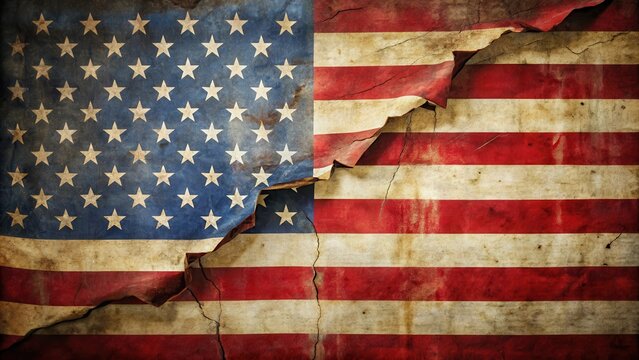 Broken flag with torn edges and faded colors , broken flag, USA,  broken flag, USA, cracked flag