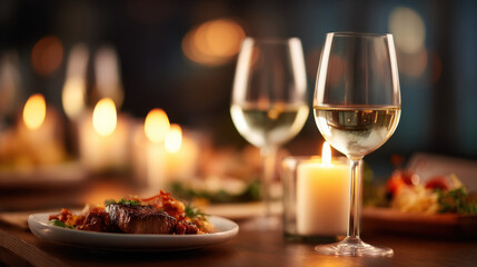 Romantic dinner setting with two glasses of white wine, soft candlelight reflecting glasses, and plates of food wooden table