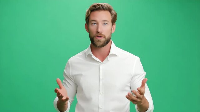 A man in a white shirt with a surprised look on his face and a green screen in the background. He's wearing a casual white shirt and looking at the camera. The photo is ideal for a variety of uses.
