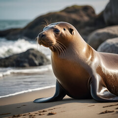 Naklejka premium Majestic Sea Lion Resting on Sandy Beach near Ocean Waves Wildlife