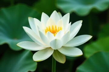 Close-up single white lotus blossom, green pads, summer, lotus