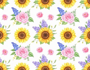 Vibrant Floral Pattern with Sunflowers, Roses, and Lilacs