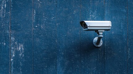 A security camera mounted on a blue wooden wall.
