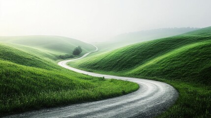 Winding road through lush green field, aerial view isolated on transparent background