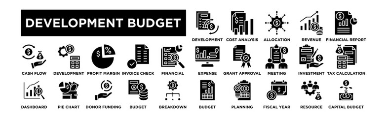 development budget icon set. Editable Stroke Icon Collection. Development, Cost Analysis, Fund Allocation, Revenue Growth, Financial Report, Expense Tracking, Grant Approval, Budget Meeting, Project i