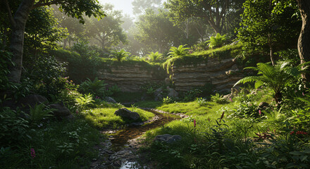 Lush green forest path nature photography scenic landscape tranquil scene foliage trees sunlit woodland view